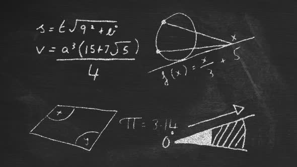 Animation of mathematical formulae moving on black chalkboard background