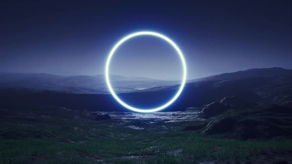 Blue Circle Light on the Night Foggy Landscape 4K
