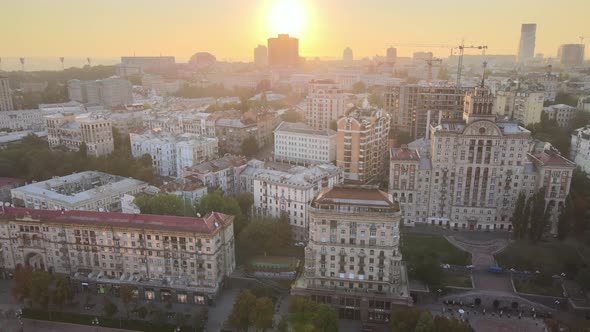 Ukraine, Kyiv : City Center in the Morning at Sunrise. Aerial View. Kiev.