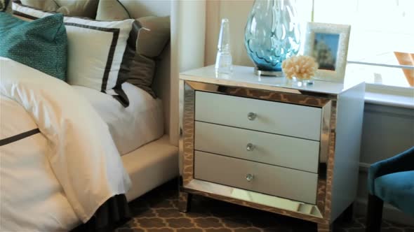 Interior of master bedroom in typical new suburban house in North America.