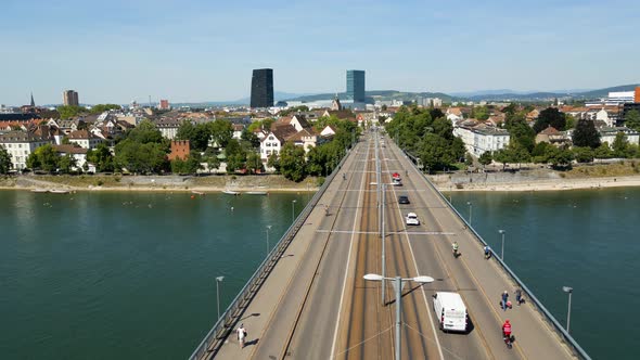 Wettstein Bridge Over River Rhine in the City of Basel in Switzerland From Above  Aerial View
