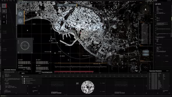 Surveillance Drone System Scans Coastal City Map On Futuristic Spying Interface alt