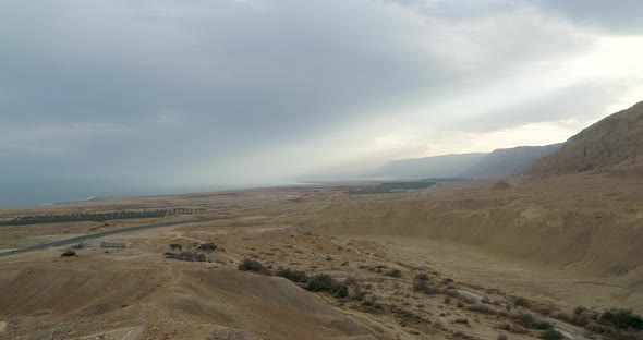 Aerial view of last sun ray in a desert landscape. dead sea, Negev, Israel.