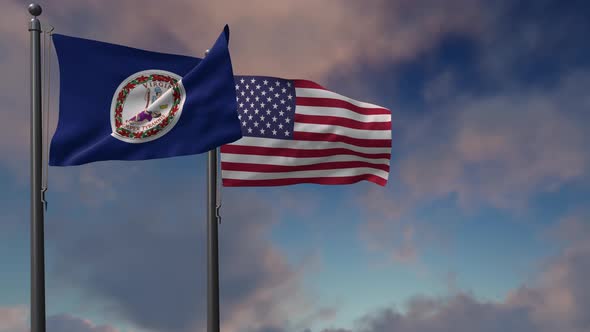 Virginia State Flag Waving Along With The National Flag Of The USA - 4K