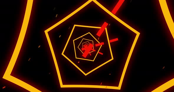 Neon hexagon shapes and particles moving against black background alt