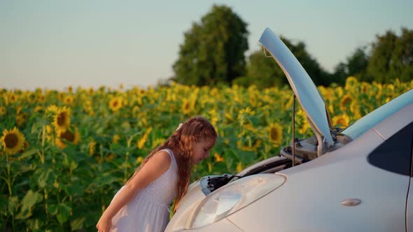 Girl looking into vehicle engine. Young child female 10s person has car issues on rural road