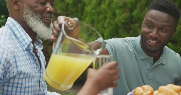 Happy african american family pouring juice and having breakfast in garden