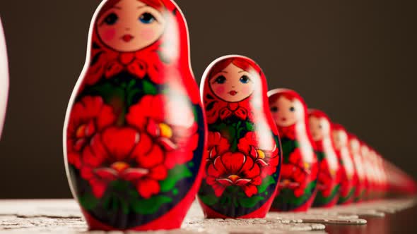 Beautiful matryoshka dolls in a row. An infinite number of babushkas on a doily.