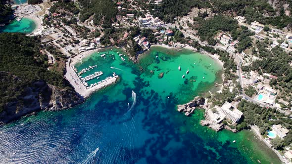 Aerial Drone View to Paleokastritsa Bay Heartshaped Coast with Clear Teal Sea Water