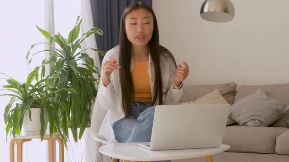 Beautiful young asian woman having videocall on laptop