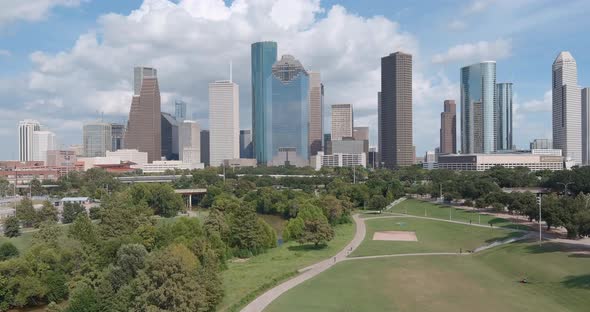 Aerial view of downtown Houston and surrounding area. This video was filmed in 6k and down scaled to