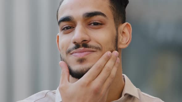 Extreme Closeup Portrait Male Satisfied Face Hispanic Business Man Arabic Guy Happy Barbershop