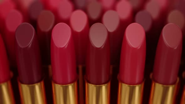 Endless animation of infinite lipsticks array. Hue of red and pink. Loopable. HD