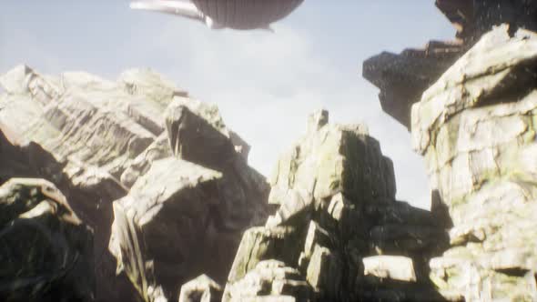fpv drone cgi shot of a temple with giant whale in the sky and black alien warriors kneeling down.