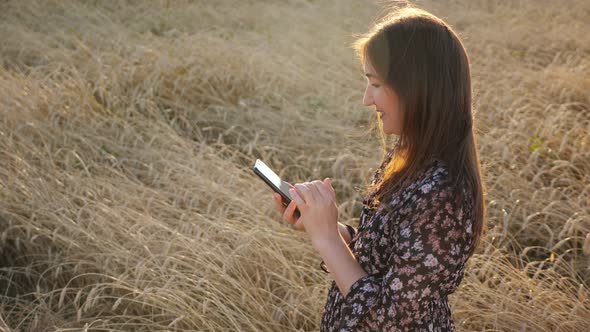 Young Woman in Dress Looks at the Phone While Standing in a Wheat Field