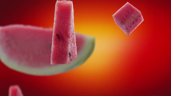 Flying of Watermelon and Slices in Red Background