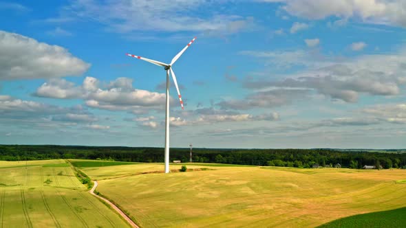 Wind turbines on field in summer Poland, view from above