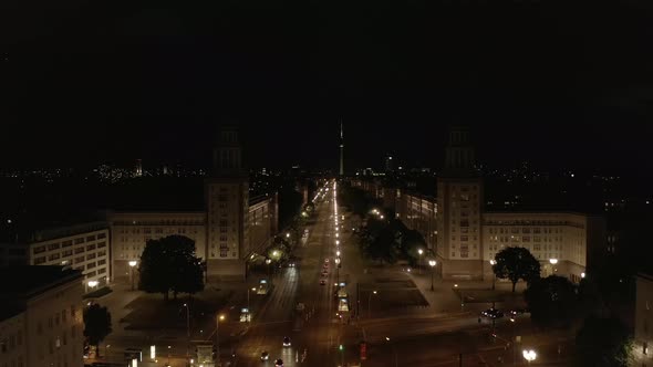 Aerial View of Empty Karl-Marx-Allee Frankfurter Tor at Night with No People in Berlin, Germany