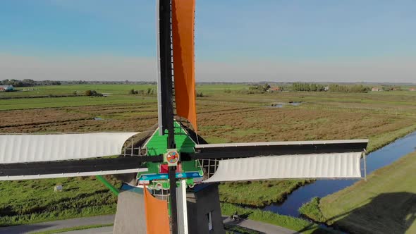 Mill in Holland Aerial View Zoom Out, Closeup