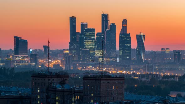 View From Top of Cityscape Night To Day Timelapse Residential Buildings Park Areas Group of Moscow