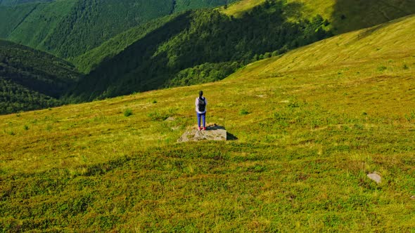 Drone View Rear Woman Traveler Raising Hand