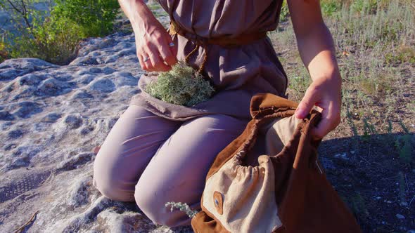 Young Woman Collects Herbs for Incense in a Mountain Forest