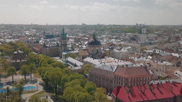 Lvov, Ukraine. Aerial City Lviv, Ukraine. Panorama of the Old Town. Dominican