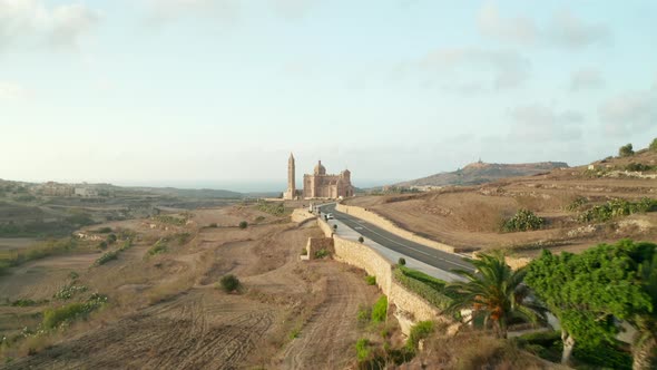 Beautiful Brown and Beige Colored Church Mediterranean Countryside on Malta Island, Aerial