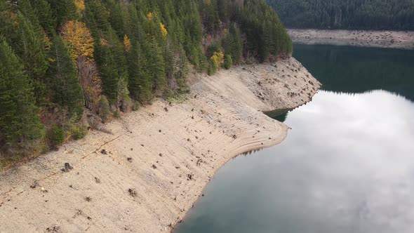 Aerial shot of a reservoir with low water levels