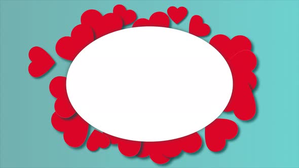 A lot of red hearts around the white oval surface with text on bright blue gradient background