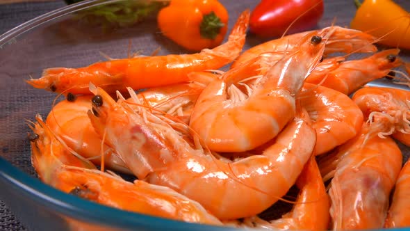 Delicious Large Unpeeled Shrimp in a Glass Bowl