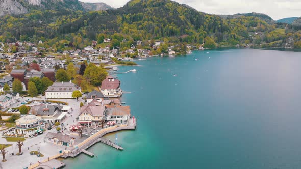 Scenic Aerial View of Mountain Village and Lake, Wolfgangsee, Salzburg, Austria, Alps