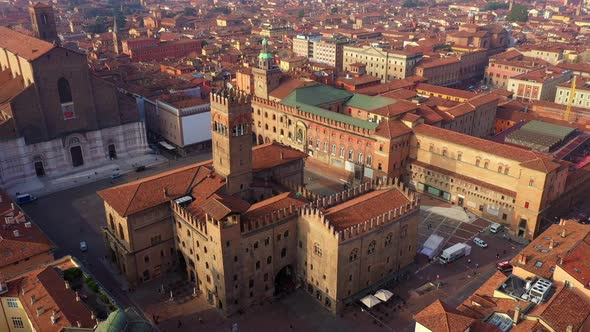 Palazzo del Podesta Bologna city center, aerial view, Italy