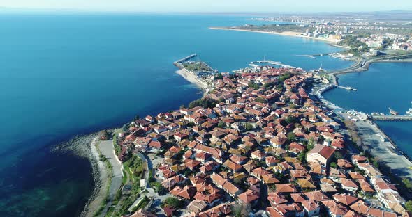 4K aerial footage of Nessebar, ancient city on the Black Sea coast of Bulgaria.