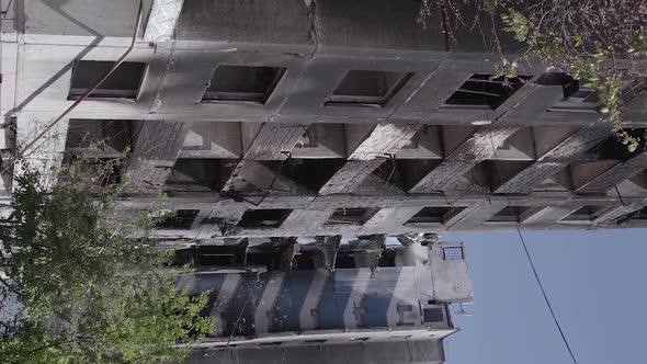 Vertical Video of the War in Ukraine  a Destroyed Building in Borodyanka