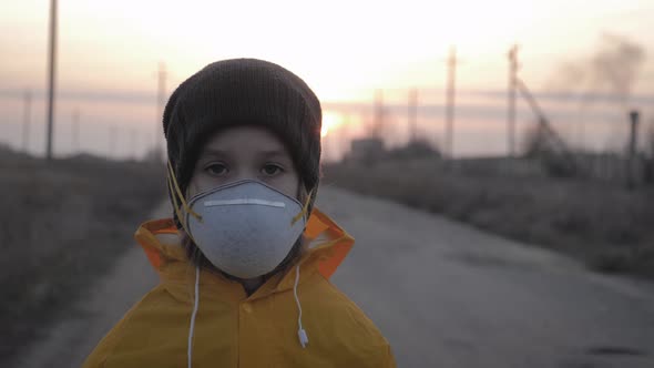 Child Girl in Protective Mask on Industrial Plant Smoke Background, Atmospheric Pollution and People