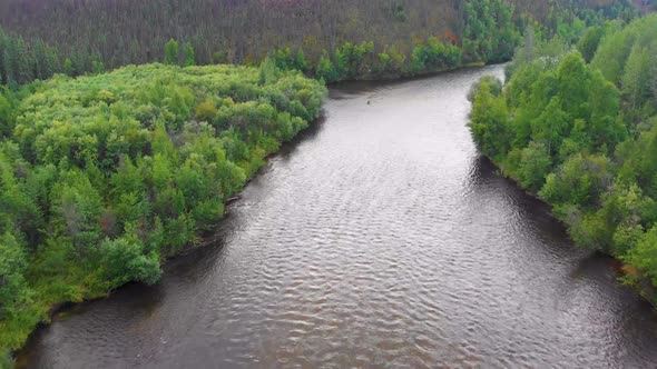 4K Drone Video of slow moving Chena River near Chena Hot Springs, Alaska