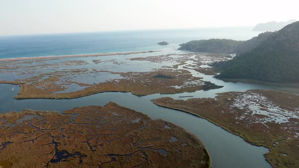Aerial view of a swamp in Dalyan, Turkey.