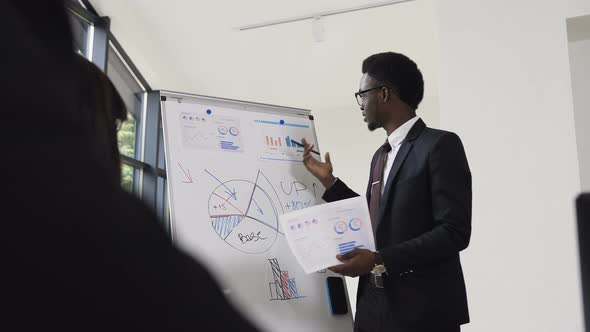 Young Businessman Conducts Presentation Using Whiteboard