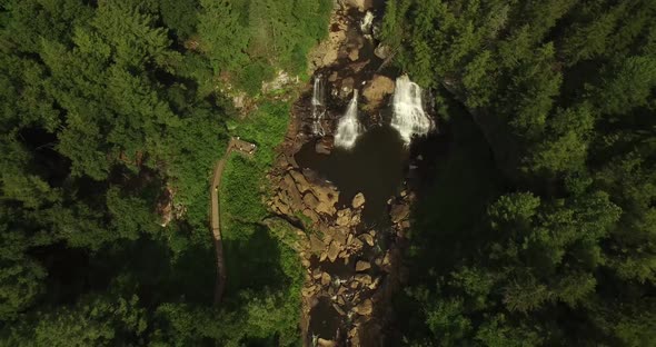 Aerial views looking down on Blackwater Falls State Park in West Virginia in summer.