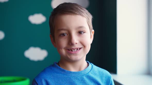 Portrait Funny Little Boy Smiling Showing Damaged Baby Teeth