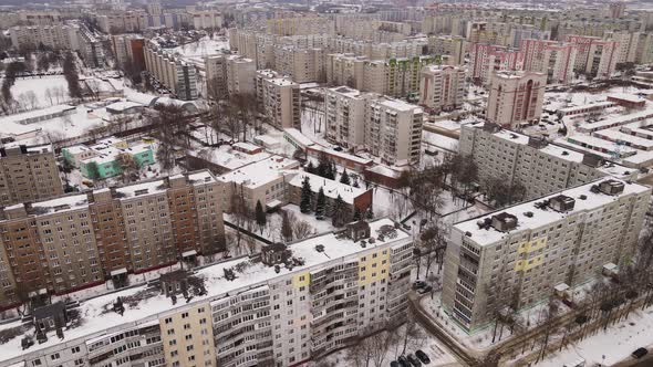 City with Multistorey Buildings in Winter Bird's Eye View