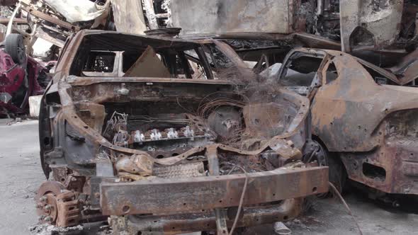 War in Ukraine a Dump of Burned Cars in Irpin Bucha District