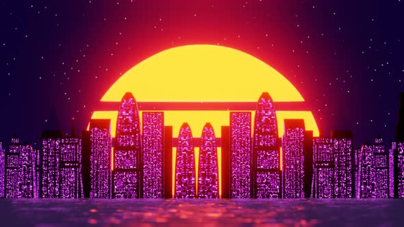 Retro Futurism Concept of City with Big Skyscrapers Near the Water alt
