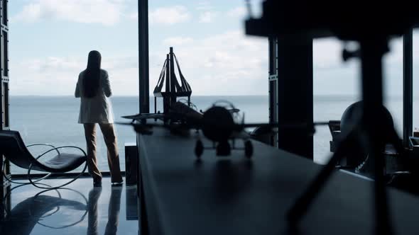 Woman Silhouette Resting Sea View Office