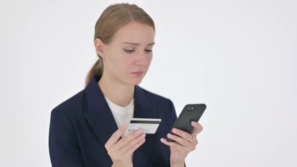 Online Shopping Failure on Smartphone By Businesswoman on White Background