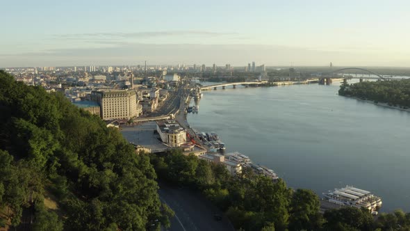 Flying Over the Postal Square in Kyiv, Ukraine. Sunrise Over Pochtova Metro Station. Aerial View of