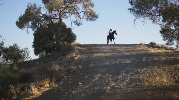 Wide Shot of Black Purebred Stallion on Hill with Slim Horsewoman Dismounting in Slow Motion
