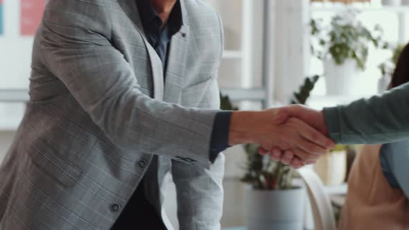 Businessman Shaking Hands and Talking with Senior Coworker in Office