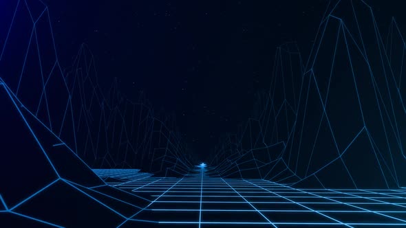 Seamless loop of glowing outlines of mountains on blue background alt